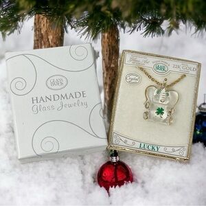 Art Glass Baron~Clear~Lucky Elephant Necklace with 22K Gold Accents 18" Chain